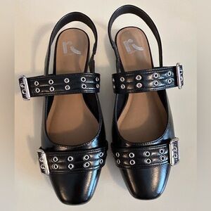 Black Sling Back Buckle Mules, Size 8